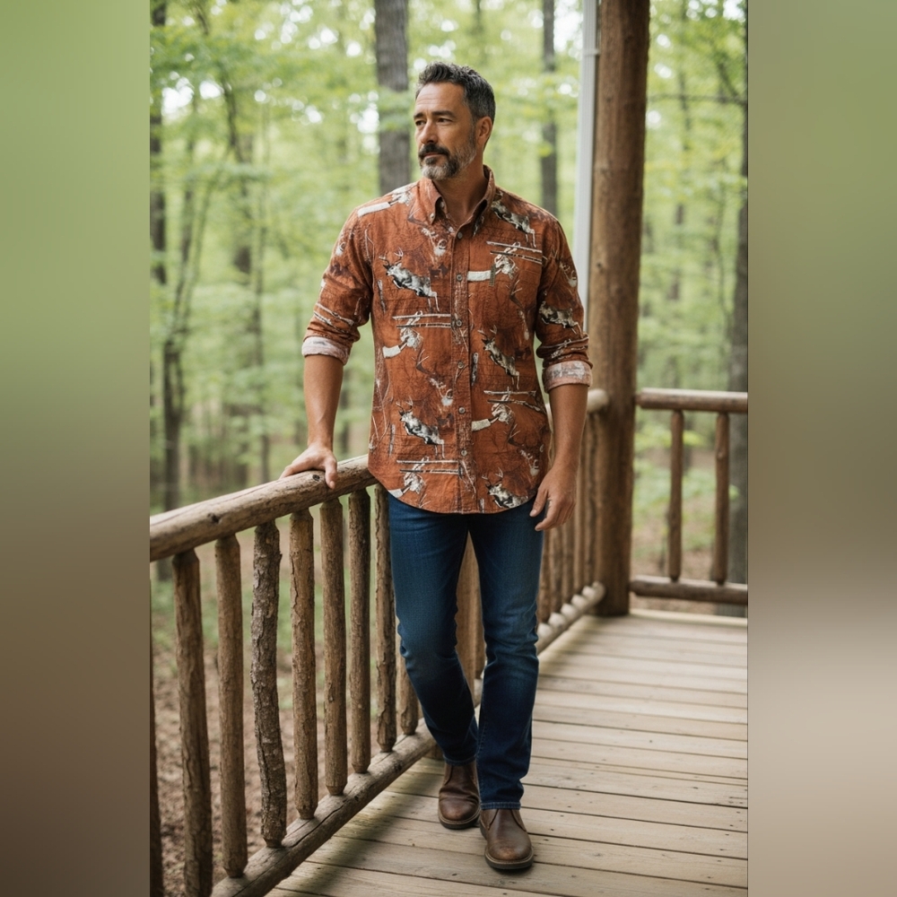 🦌 North River Outfitters Hunting Print‎ Button-Down Shirt – Men’s Large